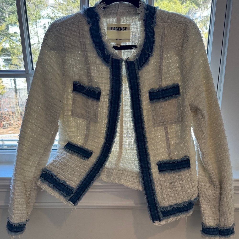 L'AGENCE Women's Cream and Black Tweed Blazer - Picture 2 of 5